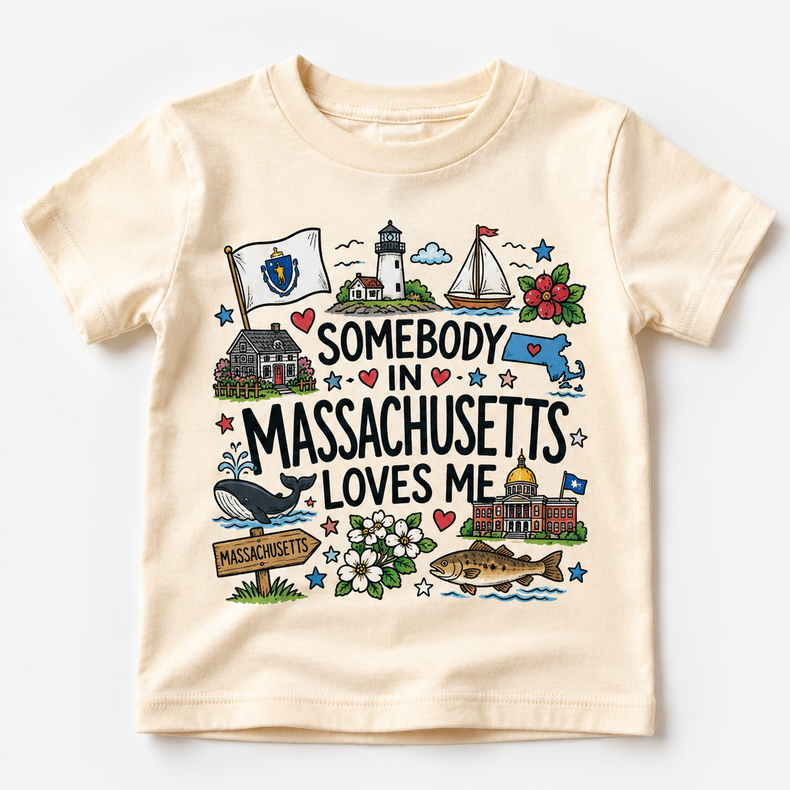 Somebody in Massachusetts Loves Me Kids T-Shirt | Massachusetts Toddler Tee | State Souvenir Shirt | New England Graphic Tee