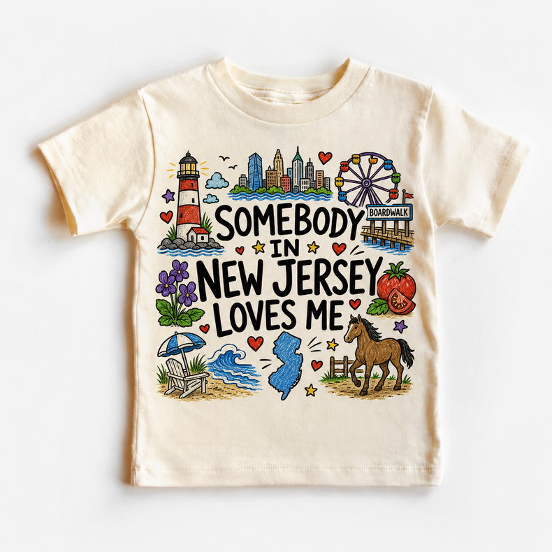 Somebody in New Jersey Loves Me Kids Graphic Tee, New Jersey Souvenir Shirt