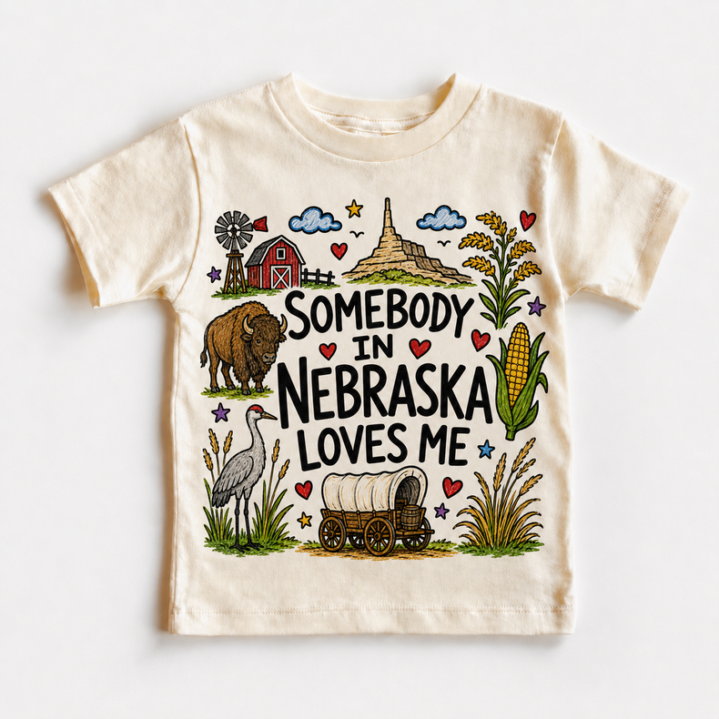 Somebody in Nebraska Loves Me Kids T-Shirt, State Souvenir Tee