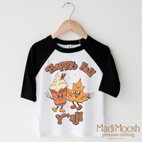 Happy Fall Y'all design on a black-accented shirt.
