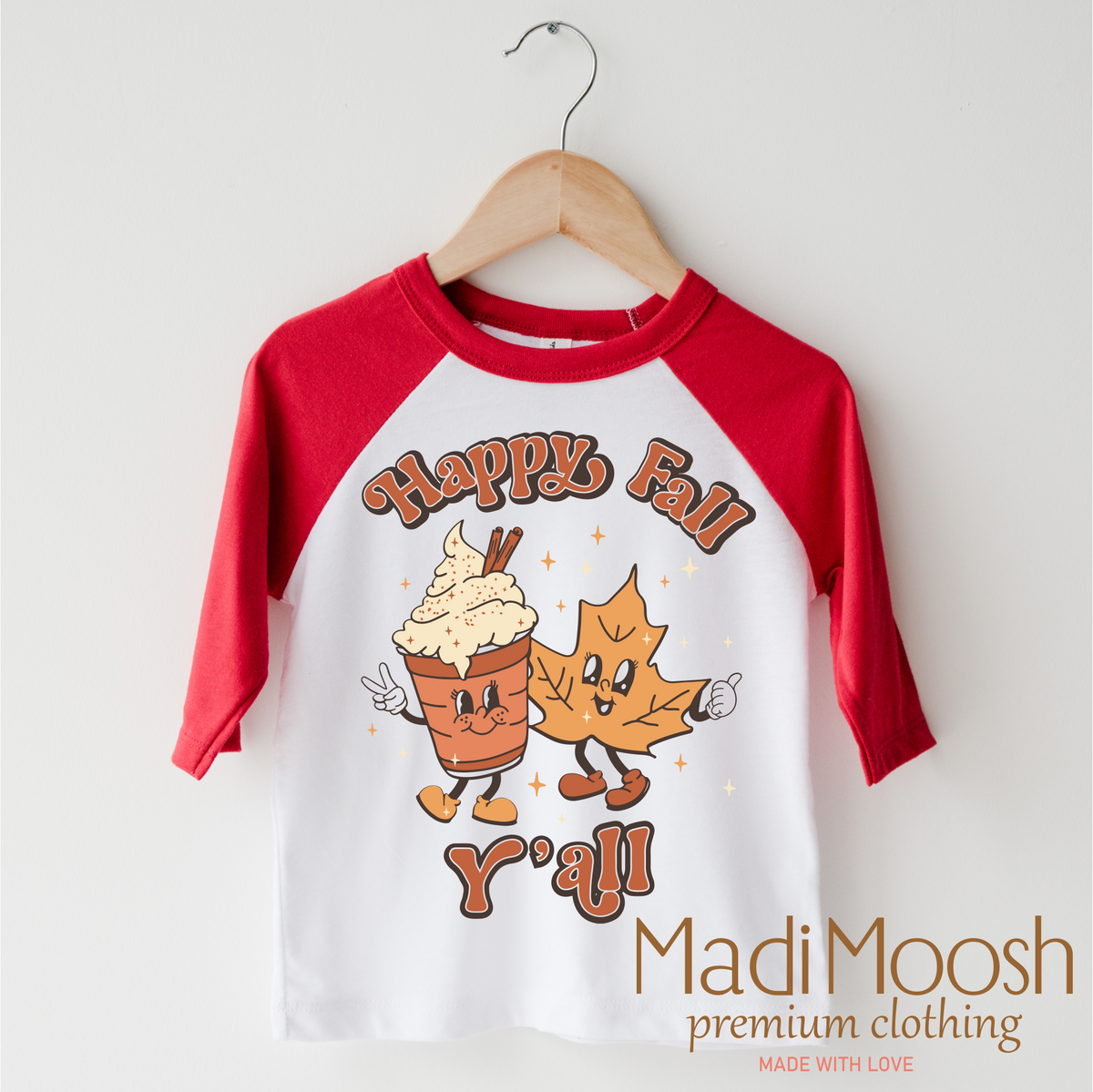 Happy Fall Y'all design on a red-accented shirt.