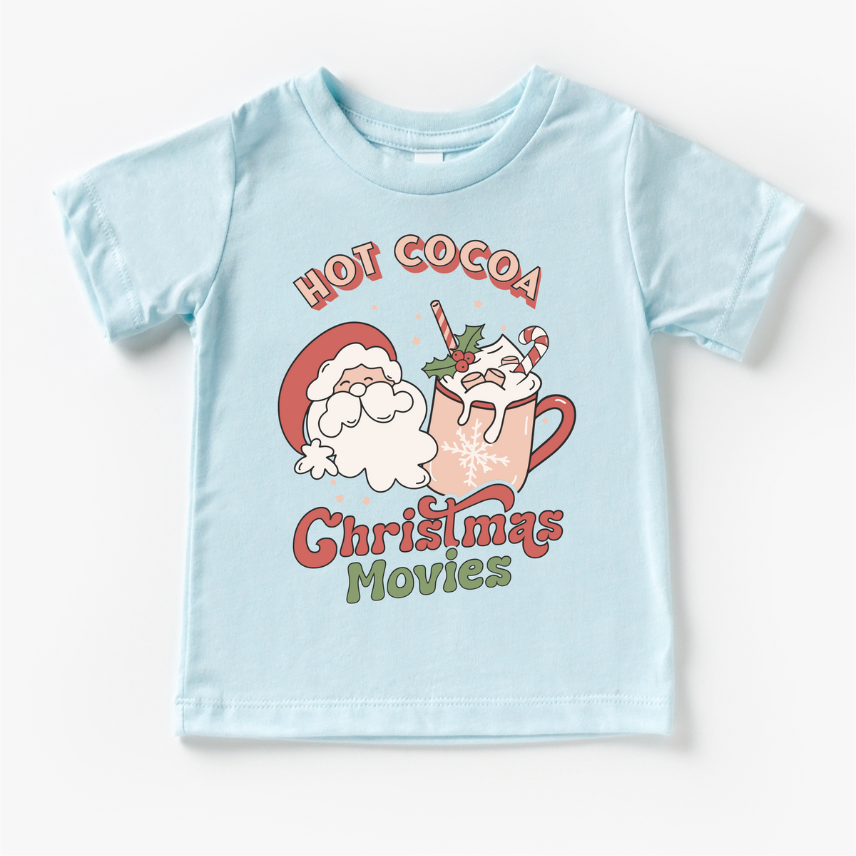 Hot Cocoa And Christmas Movies T-Shirt- Kids Christmas design on a blue garment.