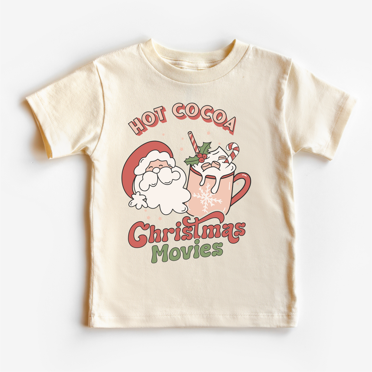 Hot Cocoa And Christmas Movies T-Shirt- Kids Christmas design on a natural garment.