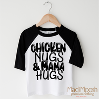 Chicken Nugs And Mama Hugs design on a black-accented shirt.