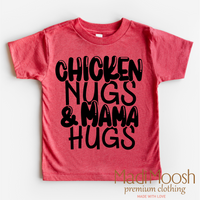Chicken Nugs And Mama Hugs design on a red-accented shirt.