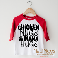 Chicken Nugs And Mama Hugs design on a red-accented shirt.