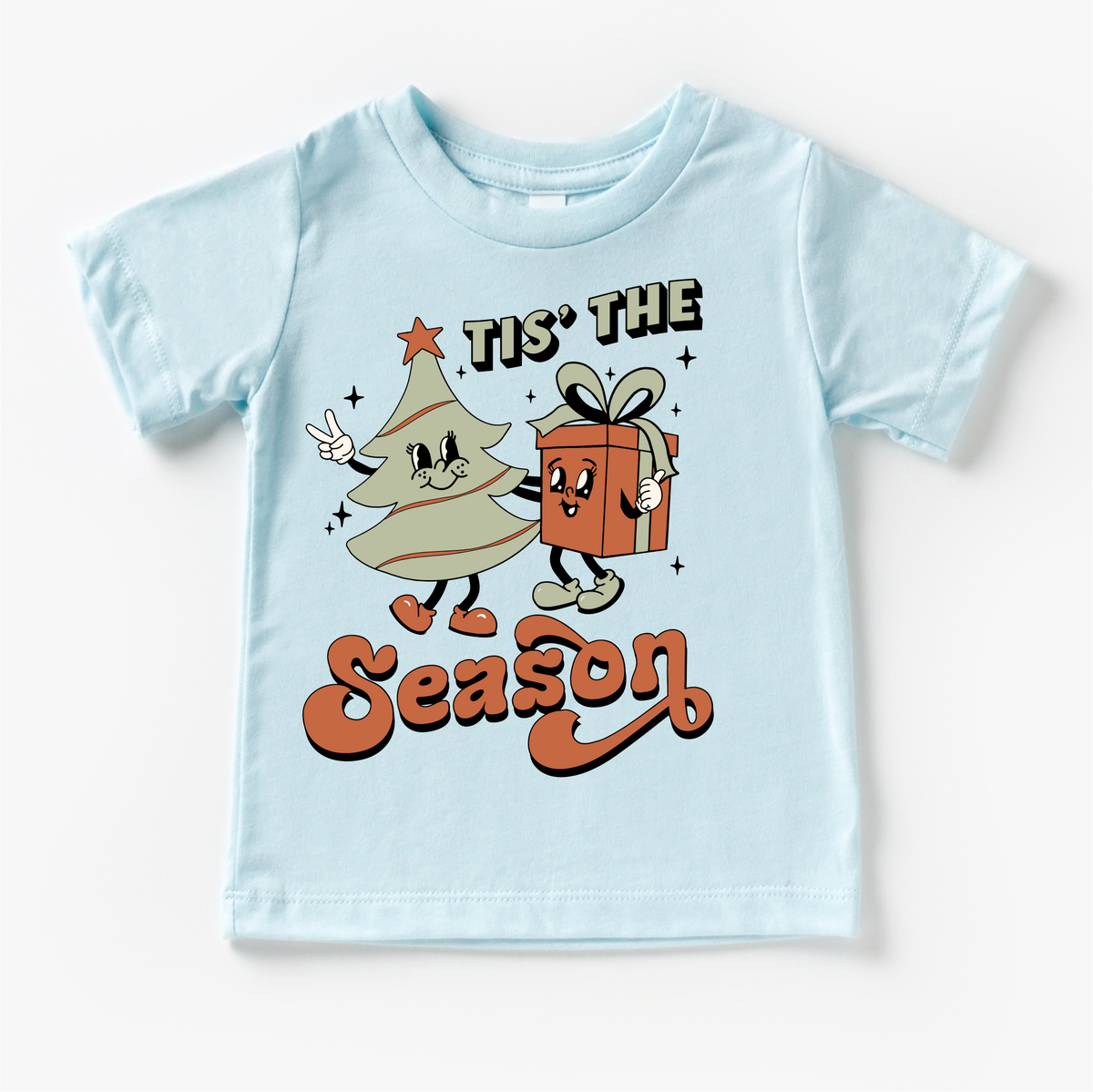 Tis The Season Christmas T-Shirt- Kids Christmas design on a blue garment.