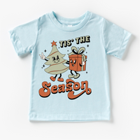 Tis The Season Christmas T-Shirt- Kids Christmas design on a blue garment.