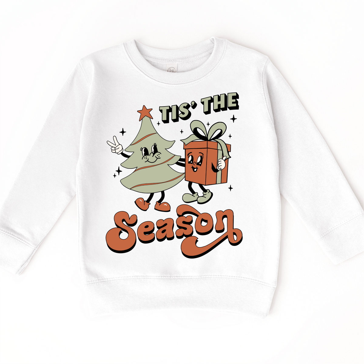 Tis The Season Christmas design on a white sweatshirt.