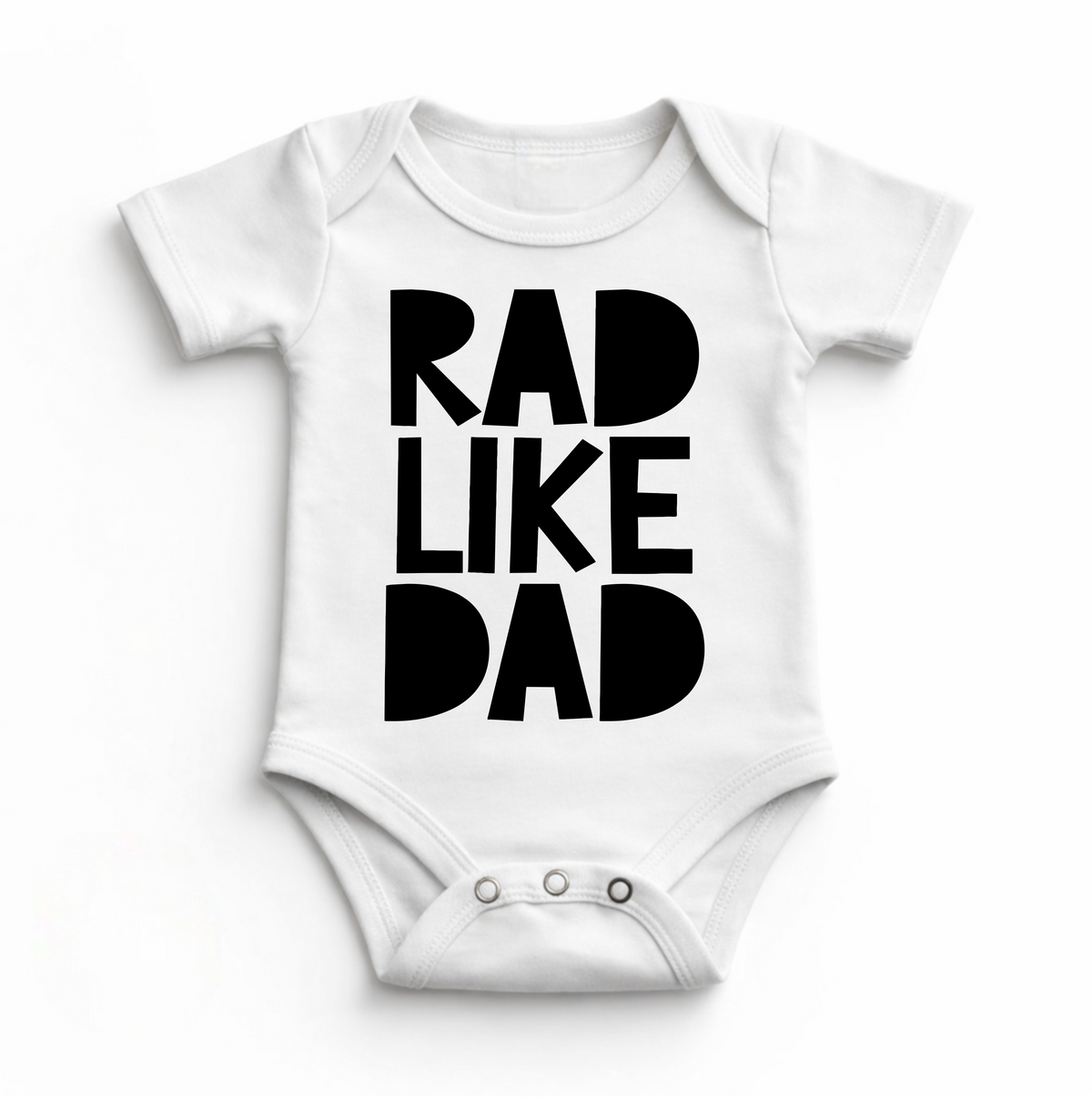 Retro Rad Like Dad Bodysuit design on a white garment.