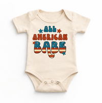 All American Babe 4th Of July Bodysuit design on a natural garment.