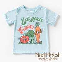 Eat Your Veggies design on a blue garment.
