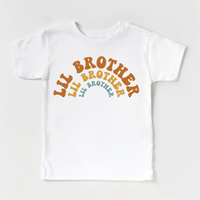 Retro Lil Brother Little Bro Siblings Family design on a white garment.
