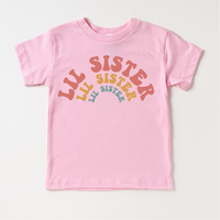 Retro Lil Sis Sister Siblings Family design on a pink garment.