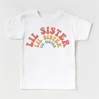 Retro Lil Sis Sister Siblings Family design on a white garment.