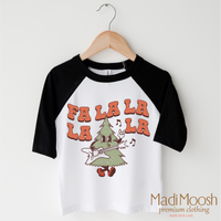 Fa La La La La Christmas design on a black-accented shirt.