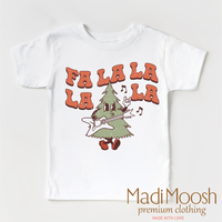 Fa La La La La Christmas design on a white garment.