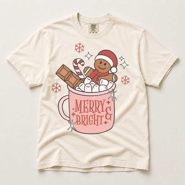 Merry and Bright Hot Cocoa Graphic T-Shirt, Retro Gingerbread Christmas Tee