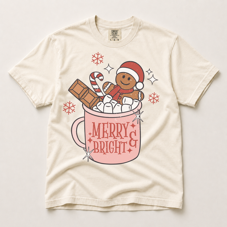 Merry and Bright Hot Cocoa Graphic T-Shirt, Retro Gingerbread Christmas Tee