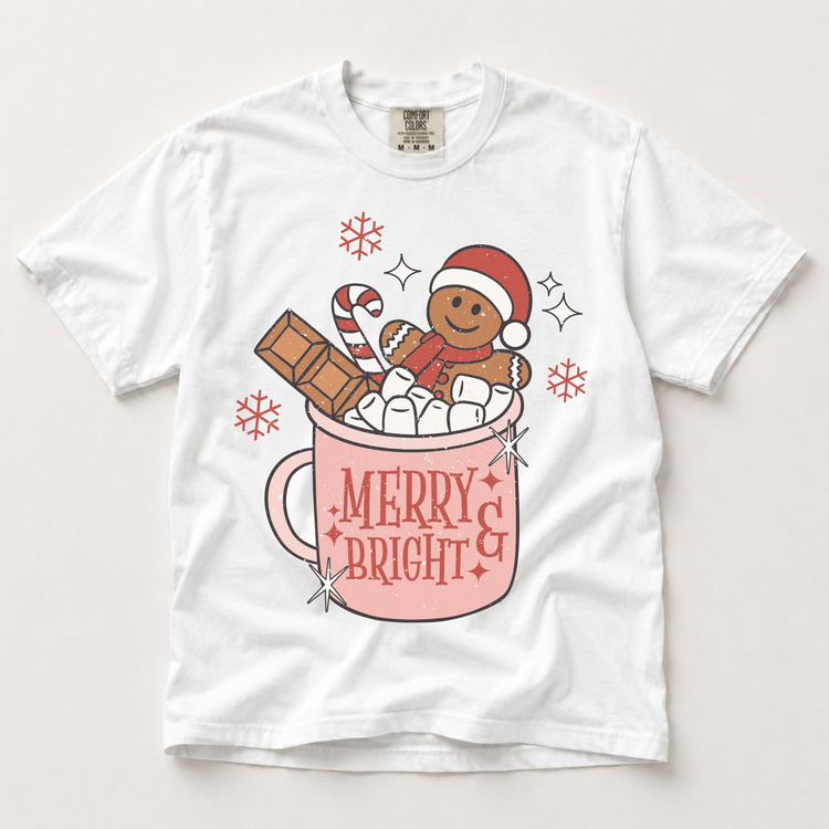 Merry and Bright Hot Cocoa Graphic T-Shirt, Retro Gingerbread Christmas Tee