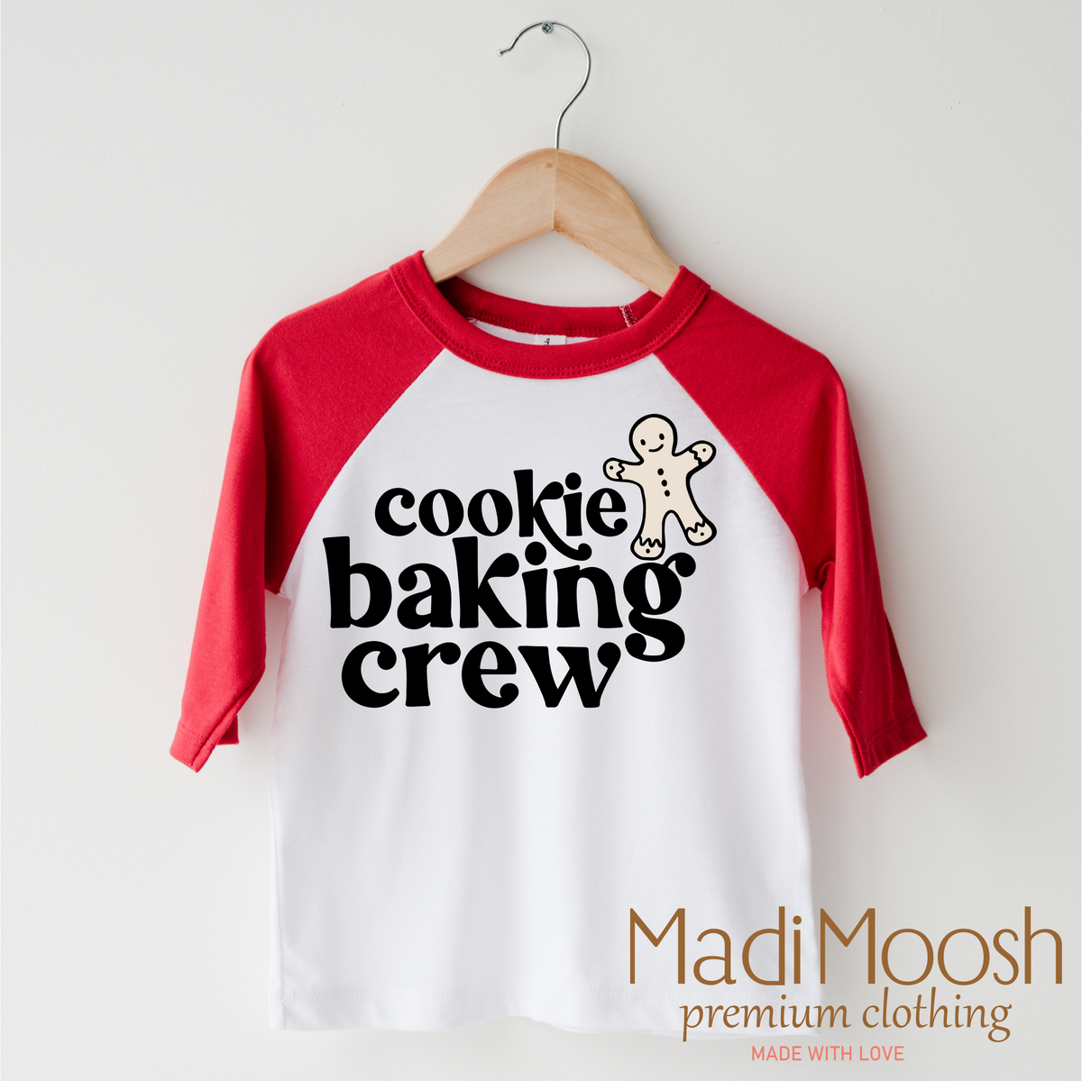 Gingerbread Cookie Baking Crew design on a red-accented shirt.