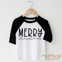 Classic Merry Christmas design on a black-accented shirt.