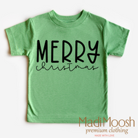 Classic Merry Christmas design on a green garment.