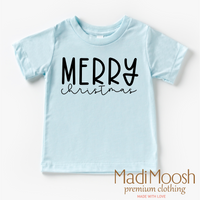 Classic Merry Christmas design on an ice blue garment.
