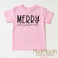 Classic Merry Christmas design on a pink garment.