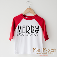 Classic Merry Christmas design on a red-accented shirt.