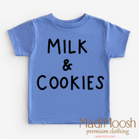 Milk And Cookies Classic Christmas design on a blue garment.
