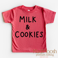 Milk And Cookies Classic Christmas design on a red-accented shirt.