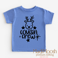 Cousin Crew Christmas design on a blue garment.