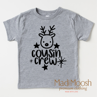 Cousin Crew Christmas design on a gray garment.