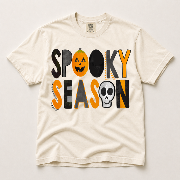 Spooky Season Graphic T-Shirt, Retro Pumpkin and Skull Halloween Tee Printed On Comfort Colors