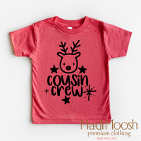 Cousin Crew Christmas design on a red-accented shirt.