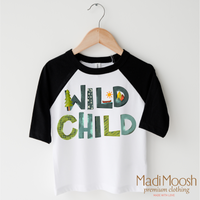 Wild Child Camping design on a black-accented shirt.