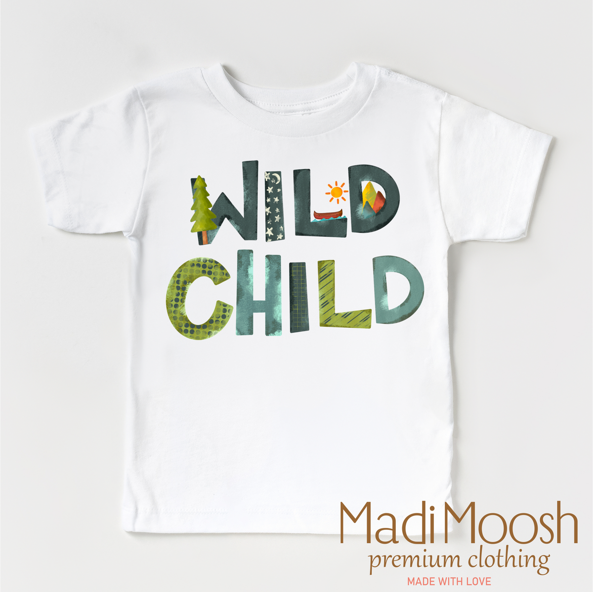 Wild Child Camping design on a white garment.