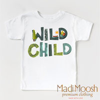 Wild Child Camping design on a white garment.
