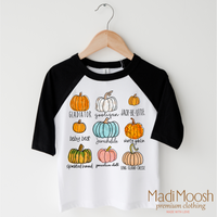Pumpkin Patch Fall design on a black-accented shirt.