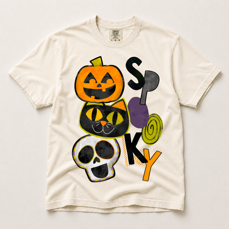 Spooky Halloween Graphic T-Shirt, Retro Pumpkin Black Cat and Skull Tee Printed On Comfort Colors