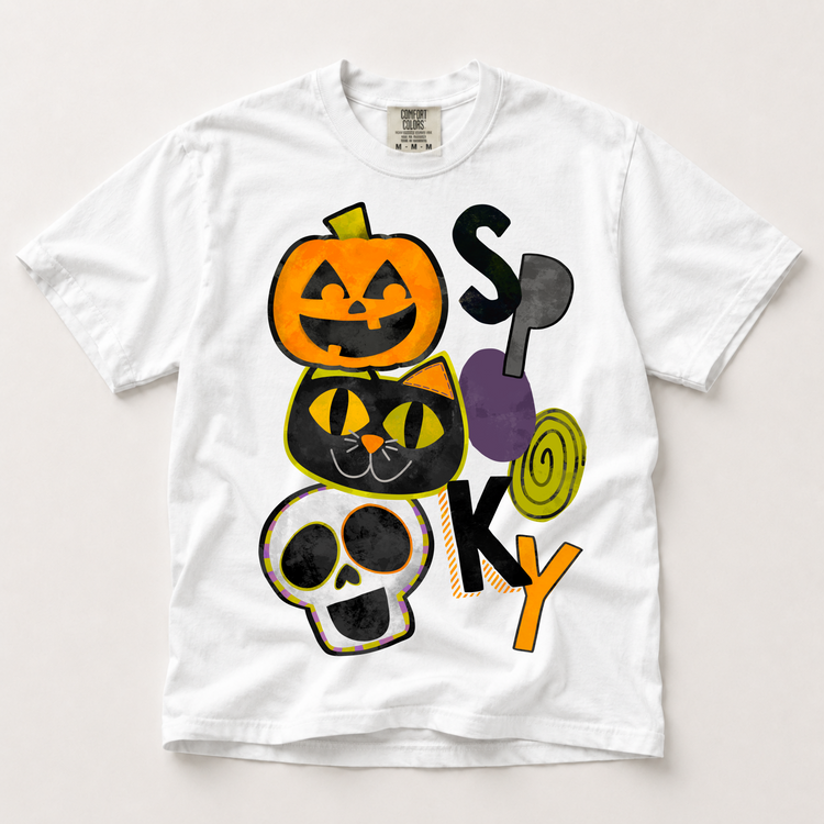 Spooky Halloween Graphic T-Shirt, Retro Pumpkin Black Cat and Skull Tee Printed On Comfort Colors