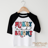 Merry And Bright Christmas design on a black-accented shirt.