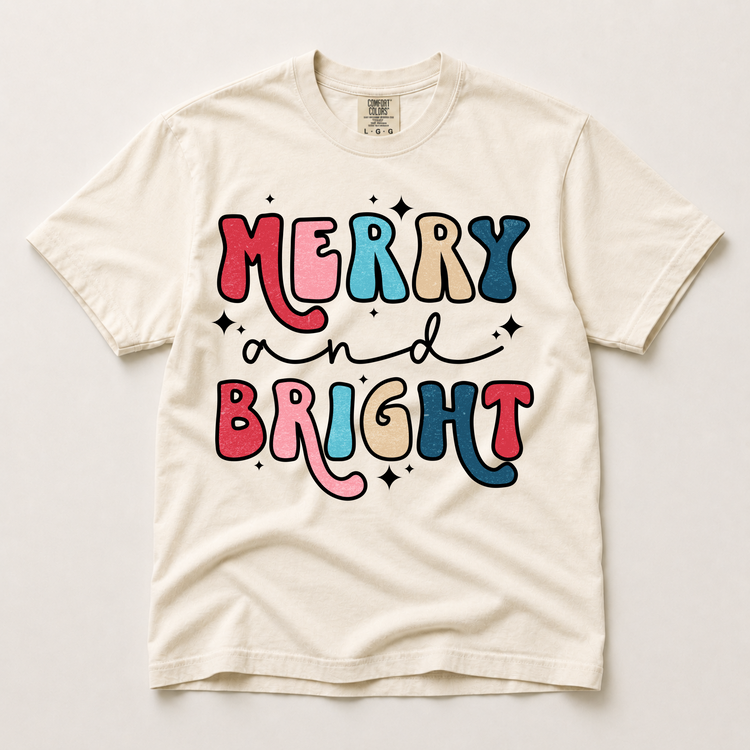 Merry and Bright Graphic T-Shirt, Colorful Retro Christmas Tee
