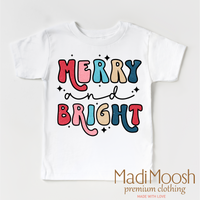 Merry And Bright Christmas design on a white garment.