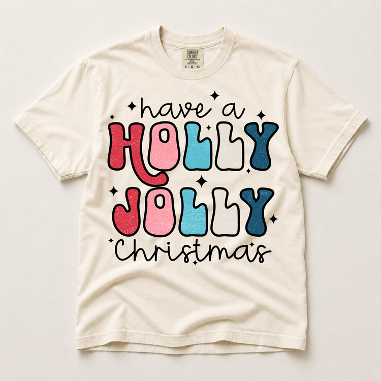 Holly Jolly Christmas Graphic T-Shirt, Colorful Retro Holiday Tee Printed On Comfort Colors