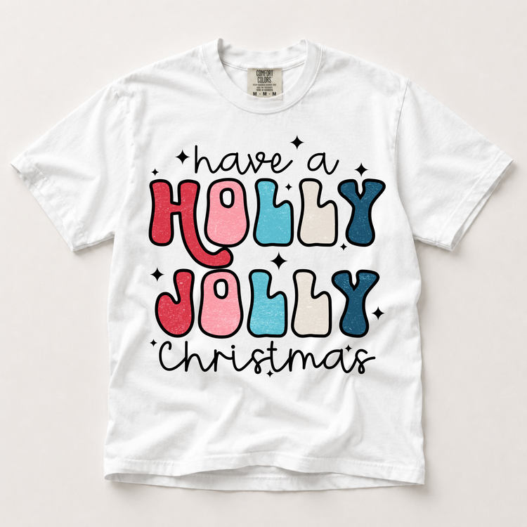 Holly Jolly Christmas Graphic T-Shirt, Colorful Retro Holiday Tee Printed On Comfort Colors