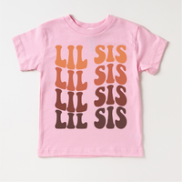Retro Lil Sis Siblings Family design on a pink garment.
