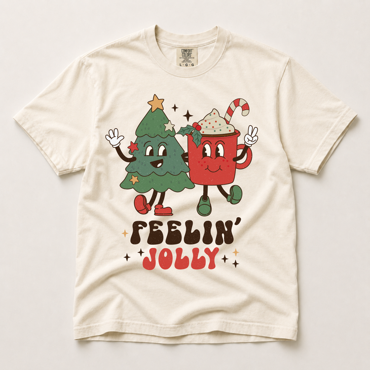 Feelin’ Jolly Christmas Graphic T-Shirt, Retro Tree and Cocoa Tee