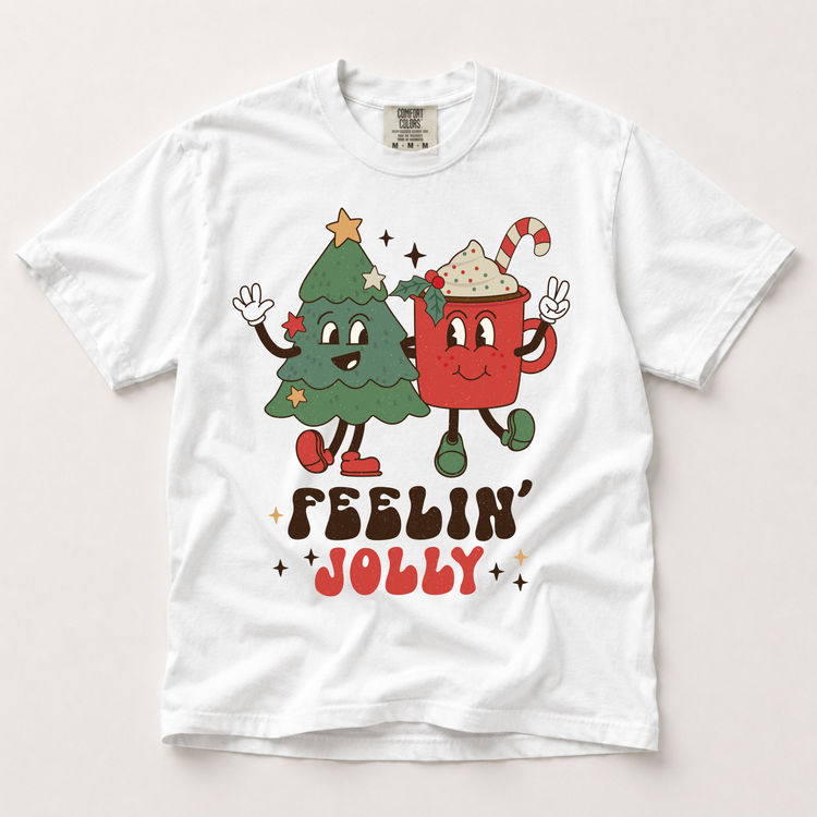 Feelin’ Jolly Christmas Graphic T-Shirt, Retro Tree and Cocoa Tee